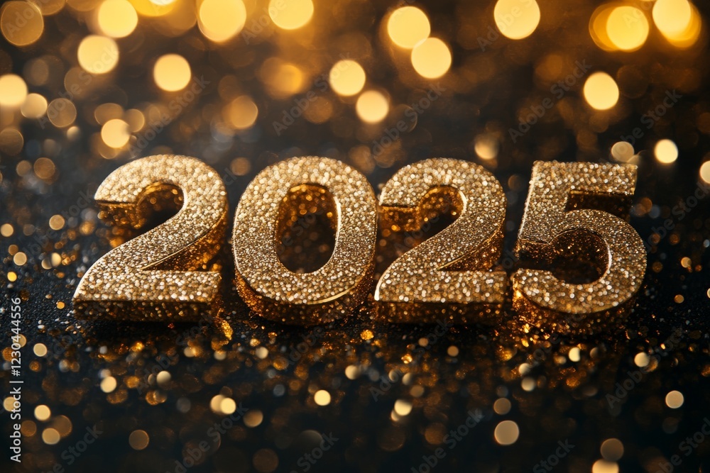 Celebrate the arrival of the New Year 2025 with sparkling decorations and golden numbers Celebrate the arrival of the New Year 2025 with sparkling decorations and golden numbers