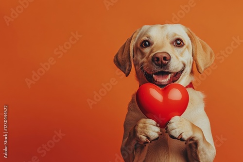 Commercial conceptual art. Cute labrador retriever dog with furry friend toy red heart - sign of love, funny greeting card. Labrador retriever - my desired dog. Dog couple photos. Pet love. photo