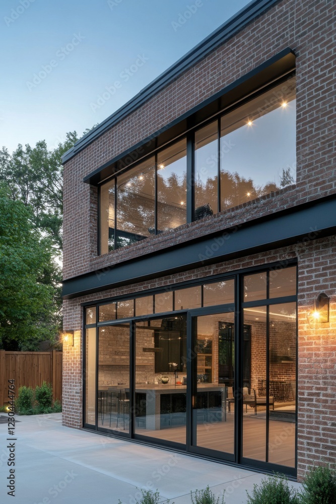 A contemporary brick house featuring expansive windows beautifully highlights its sophisticated outdoor area, complemented by inviting warm lighting in the evenings A contemporary brick house featuring expansive windows beautifully highlights its sophisticated outdoor area, complemented by inviting warm lighting in the evenings