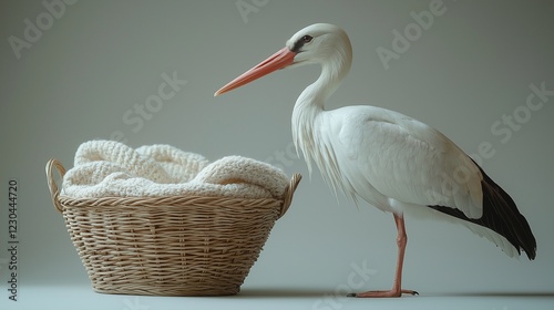 A stork stands tall next to a rustic womenbasket filled with soft, white blankets in a calming studio environment. A photo zone for toddlers, a photoshoot  for newborns.