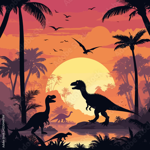 Prehistoric era dinosaurs silhouettes of Jurassic jungle forest with sunset, vector landscape background. Cartoon prehistoric dinosaurs, lizards and birds silhouettes in Jurassic era park with sun