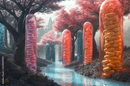 A pharmaceutical landscape where pill-shaped trees grow amidst rivers of liquid medicine, in a vibrant, surreal environment representing modern healthcare