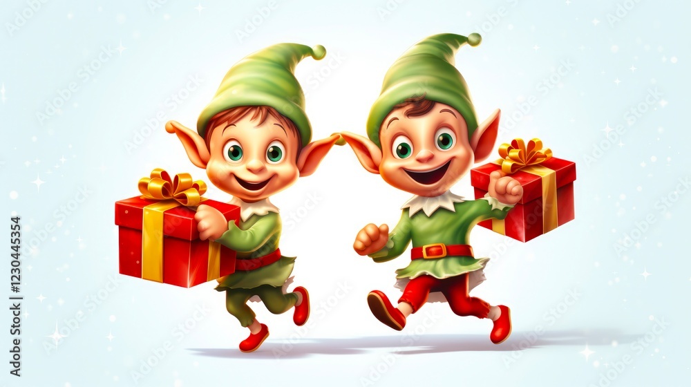 Christmas Elves Dancing with Gifts - Cute Cartoon Characters in 3D Illustration Christmas Elves Dancing with Gifts - Cute Cartoon Characters in 3D Illustration