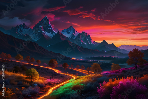 amazing multi colors lightings on mind blowing mountains land display , fantasy tech world related futuristic landscape
