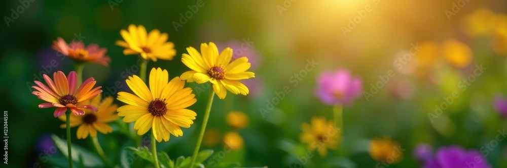 Sun-kissed nemesia flowers with yellow and purple petals on a lush green background, green, purple Sun-kissed nemesia flowers with yellow and purple petals on a lush green background, green, purple