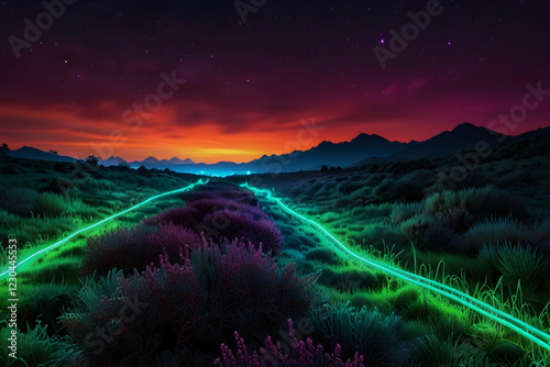 neon green light lines on futuristic landscape, and orange color evening sky photo