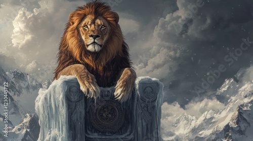 Majestic lion throne, snowy mountains, dramatic sky; fantasy art photo