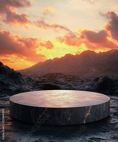 Volcanic Product Podium with Lava Background, Empty Stage with Volcanoes in the Background