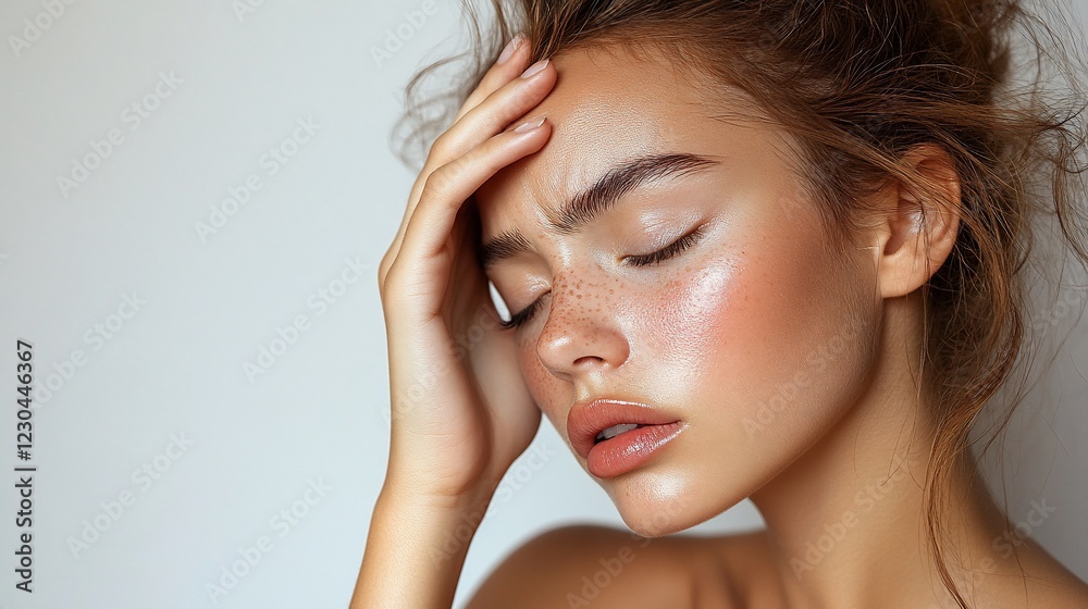 Portrait of a young woman with freckles, expressing a moment of contemplation against a neutral background Portrait of a young woman with freckles, expressing a moment of contemplation against a neutral background