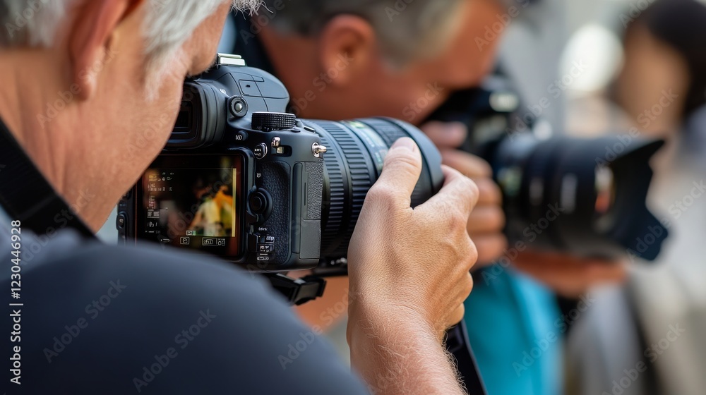 Close-up of professional camera setting for shooting with operator working in background Close-up of professional camera setting for shooting with operator working in background