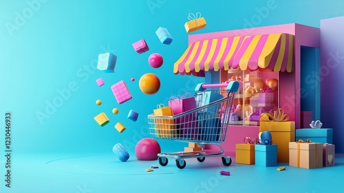 A shopping cart overflowing with colorful gifts and shopping bags in front of a vibrant store.
