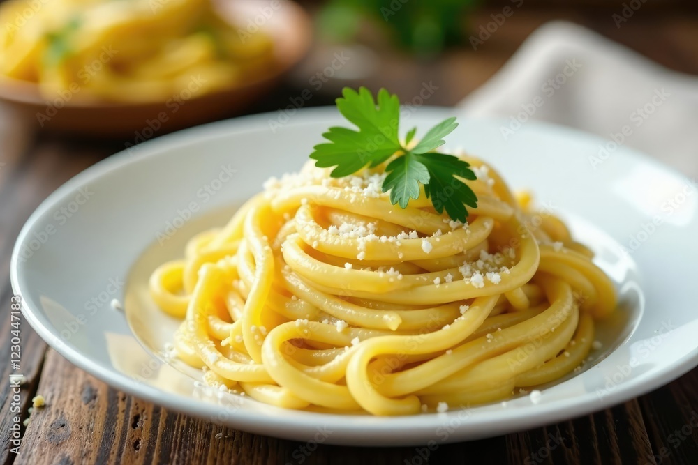 A plate of fettuccine alfredo garnished with fresh parsley and parmesan cheese, parmesan cheese, white plate, italian cuisine A plate of fettuccine alfredo garnished with fresh parsley and parmesan cheese, parmesan cheese, white plate, italian cuisine
