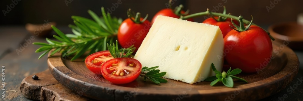 A rustic wooden platter filled with warm white cheese, fresh tomatoes, and fragrant rosemary sprigs, served at a table, cheese, warm, rustic A rustic wooden platter filled with warm white cheese, fresh tomatoes, and fragrant rosemary sprigs, served at a table, cheese, warm, rustic