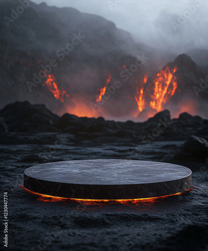 Volcanic Product Podium with Lava Background, Empty Stage with Volcanoes in the Background