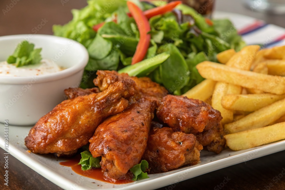 Spicy Hot Chicken Wings with Crispy Fries & Fresh Salad Macro Shot Spicy Hot Chicken Wings with Crispy Fries & Fresh Salad Macro Shot