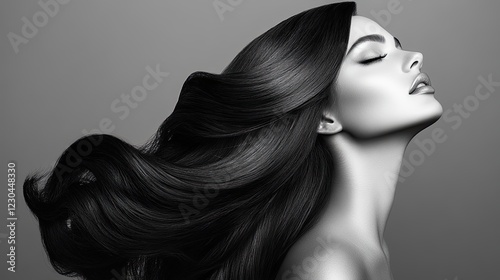 Profile of a woman with long straight silky hair coloured black. Ideal image of a beautiful brunette with hair developing in the wind. Feminine image of natural beauty. Illustration for fashion design