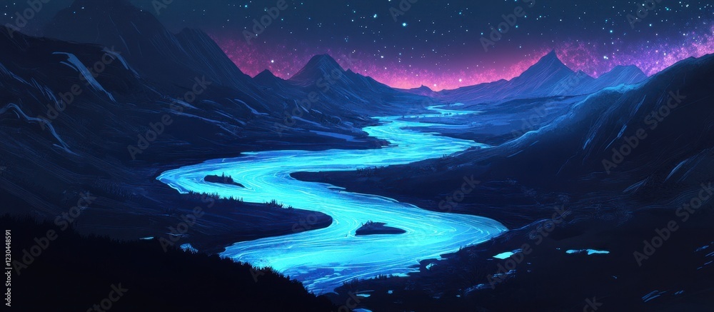 Obraz premium Glowing River Winding Through Night Mountains - Fantasy Landscape