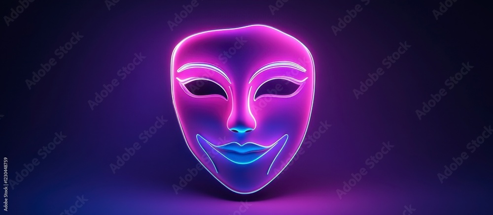 Smiling Neon Mask, Purple Background, 3D Render Smiling Neon Mask, Purple Background, 3D Render
