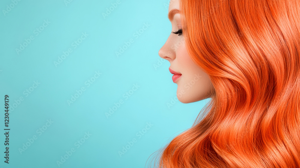 Naklejka premium Young caucasian woman with vibrant red hair in profile against a blue backdrop showcasing elegant beauty