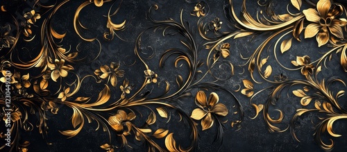 Golden Filigree Floral Design, Dark Background, Luxury Ornament