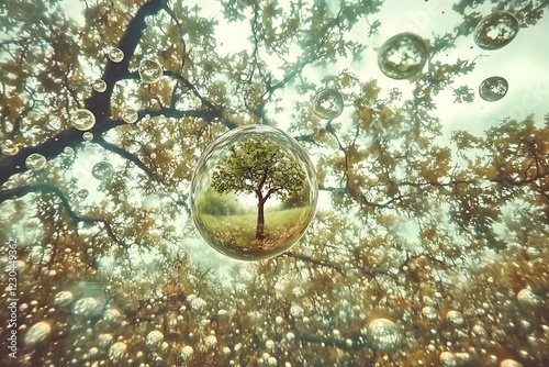 A lone tree reflected in a large bubble, surrounded by smaller bubbles against a backdrop of trees and sky.