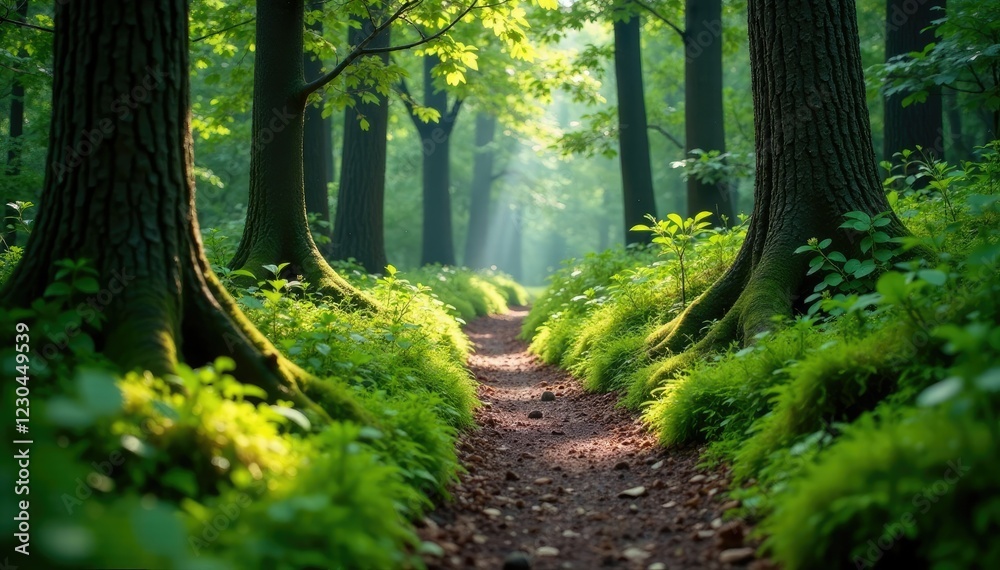 Obraz premium Forest trail meanders through dense underbrush and moss, terrain, natural, underbrush