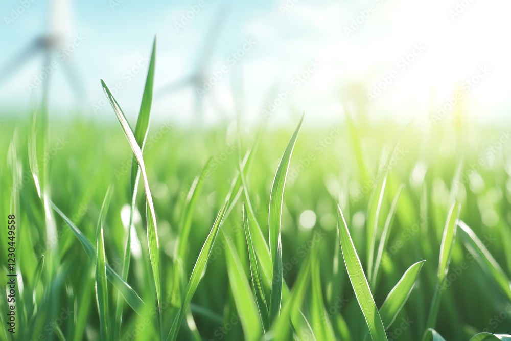 Fototapeta premium Vibrant green grass field with wind turbines in bright sunlight renewable energy concept