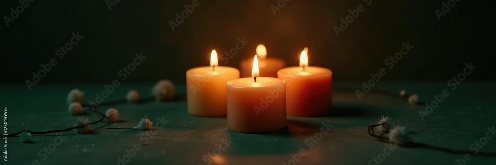 Four candles sit in a triangle formation on a dark moody green brown background, ambiance, christmas, rustic Four candles sit in a triangle formation on a dark moody green brown background, ambiance, christmas, rustic