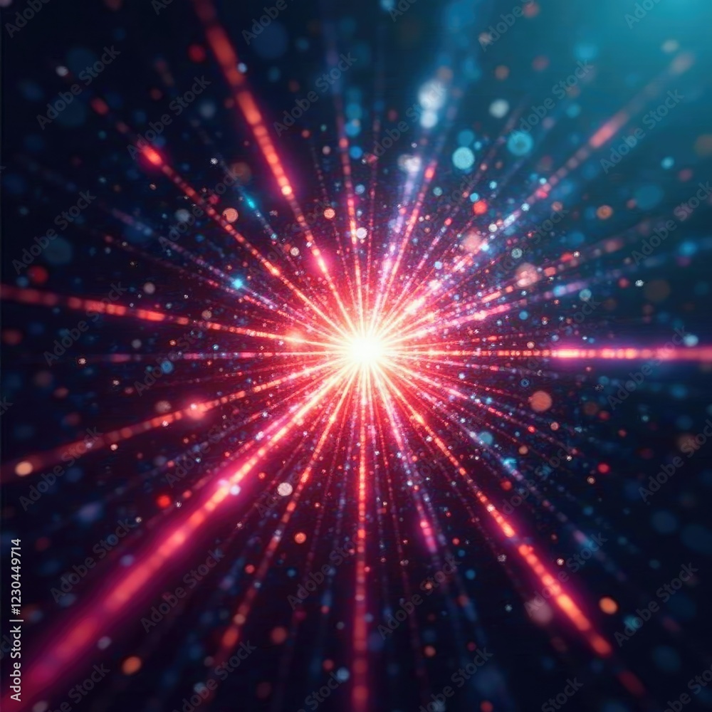 Naklejka premium Fractured light beams radiate from shattered crystal, Optical Illusion, Laser