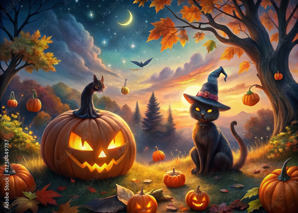 Fototapeta premium Spooky Halloween Landscape: Pumpkin Wizard, Black Cat & Jack-o'-Lanterns