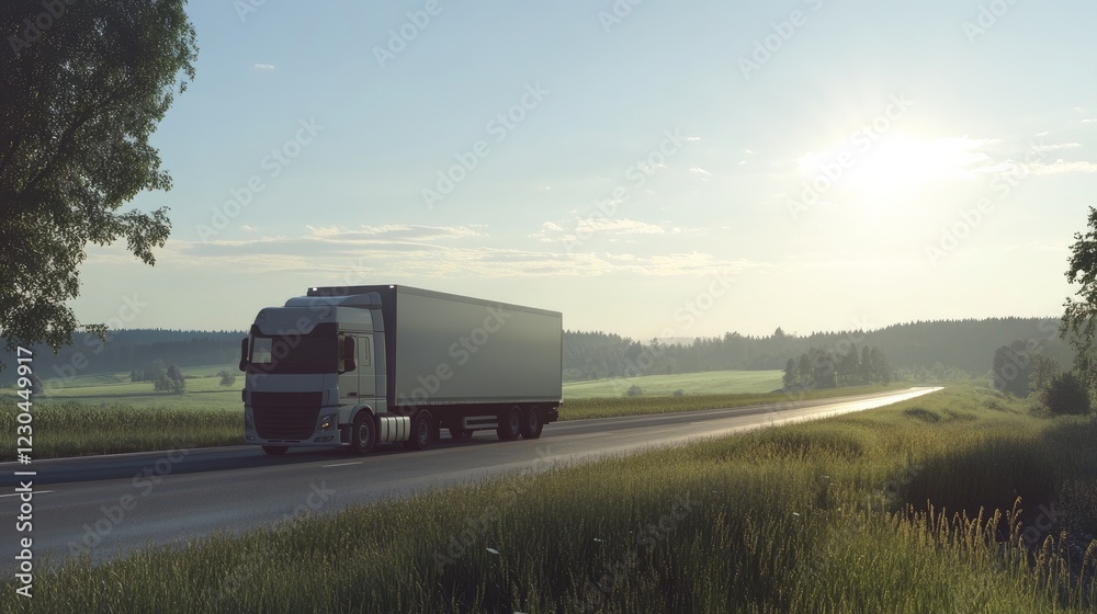 A modern truck driving along a rural road, with space for text A modern truck driving along a rural road, with space for text