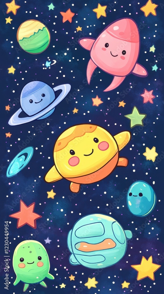 Cute Cartoon Planets Rockets And Stars In Space Cute Cartoon Planets Rockets And Stars In Space