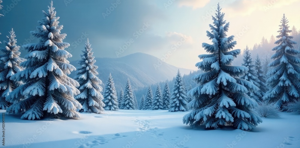 Frosty forest with snow-covered Christmas trees, frozen landscape, christmas tree Frosty forest with snow-covered Christmas trees, frozen landscape, christmas tree