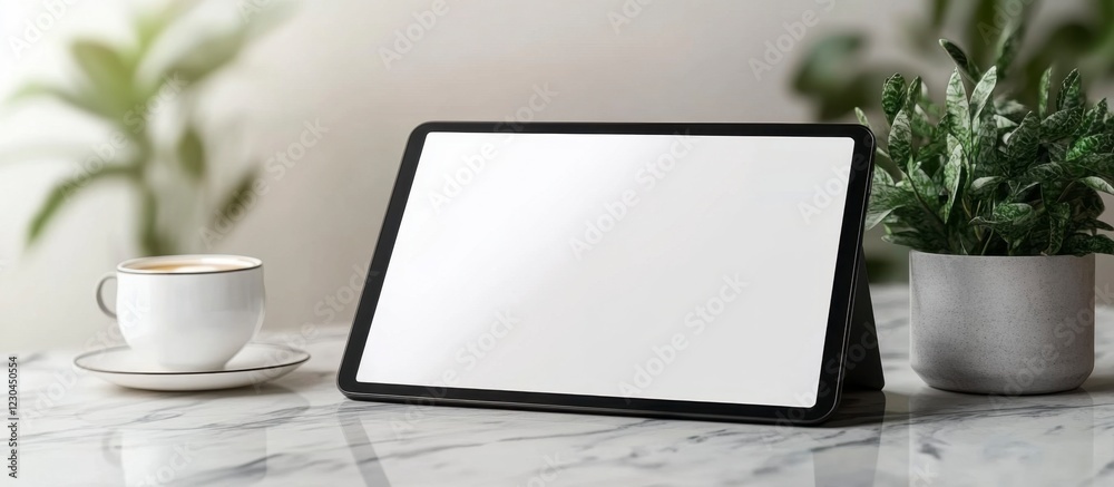 Blank Tablet Mockup on Marble Table with Coffee and Plant - Calm Workspace Blank Tablet Mockup on Marble Table with Coffee and Plant - Calm Workspace
