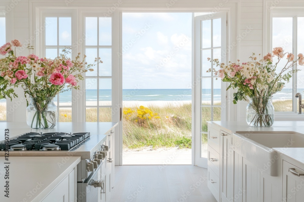 Fototapeta premium Coastal Kitchen Serenity: Beachfront View from a White Kitchen