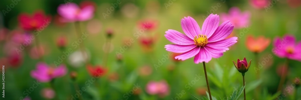 Delicate cosmos blossoms, vibrant petals, lush green garden , red, detail Delicate cosmos blossoms, vibrant petals, lush green garden , red, detail