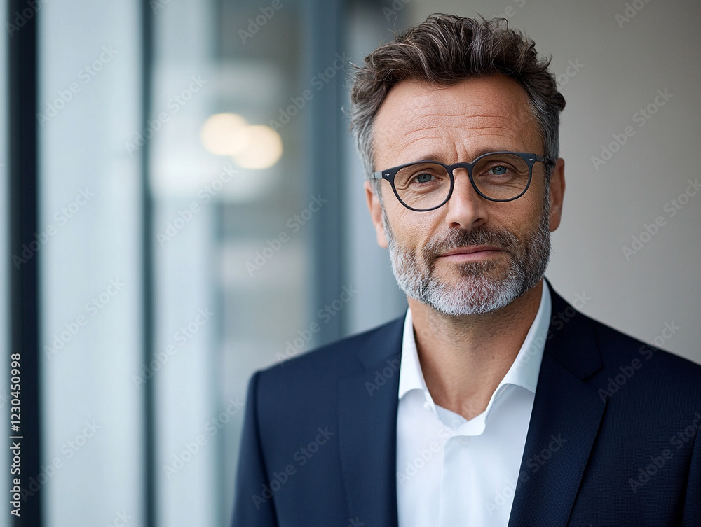 Confident businessman standing in modern office setting Confident businessman standing in modern office setting