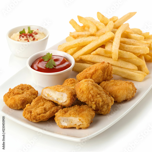 fried chicken nuggets and french fries on a transept