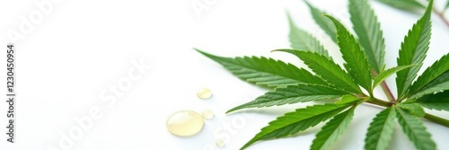 Isolated marijuana leaves on white background with cannabis oil droplets, leaf, plant