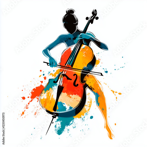 print on t-shirt girl playing cello, in abstract style, Minimalistic, in bright colors.