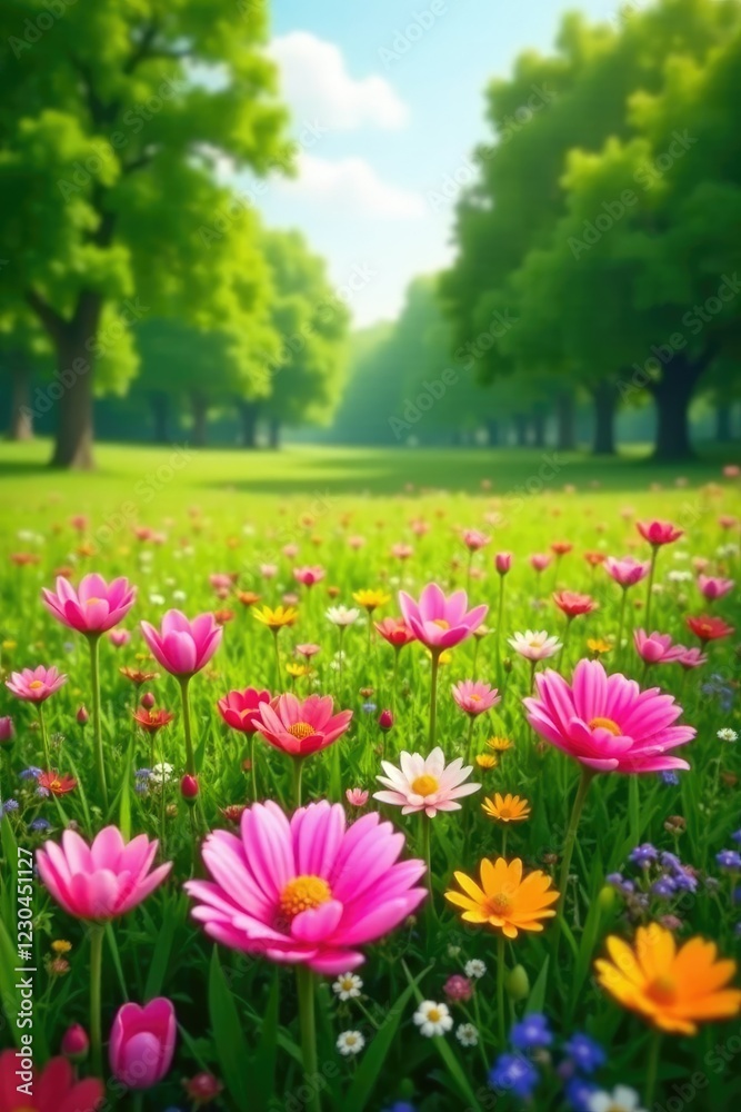 Large colorful flowers in a lush green field with trees, blooms, nature Large colorful flowers in a lush green field with trees, blooms, nature
