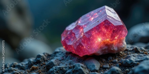 Large lodestone crystal on a granite outcropping, rocky terrain, crystal, magnetite