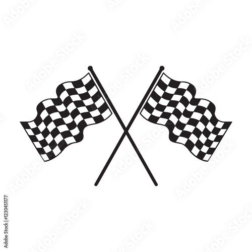 Crossed checkered flags, black and white racing flags, motorsport symbol, waving flags 