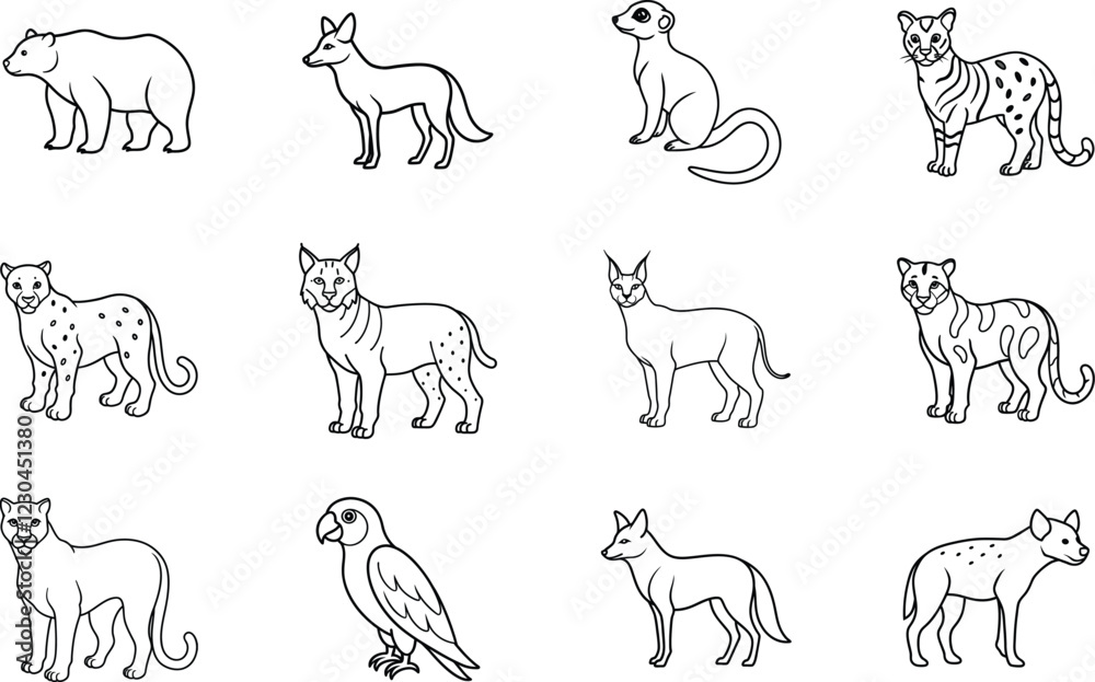 Fototapeta premium Wild Animals Illustrations. minimal line art animal, wild. coloring page for kids.