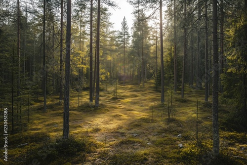 A serene forest scene with tall trees and soft sunlight filtering through the branches, illuminating the mossy ground. The atmosphere is tranquil and peaceful, showcasing nature's beauty. photo