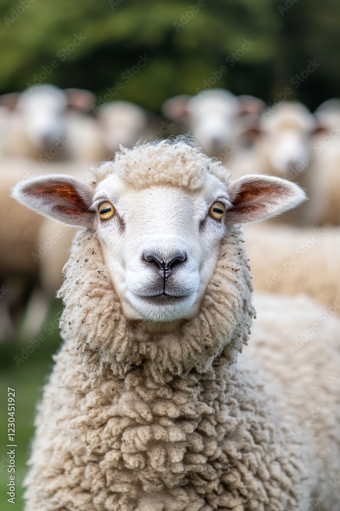 A sheep is staring at the camera with its head held high A sheep is staring at the camera with its head held high