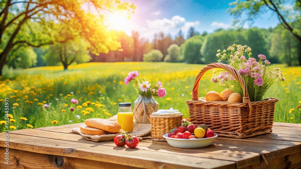 Fototapeta premium Spring Picnic: Idyllic Basket & Table Setting in Blooming Meadow