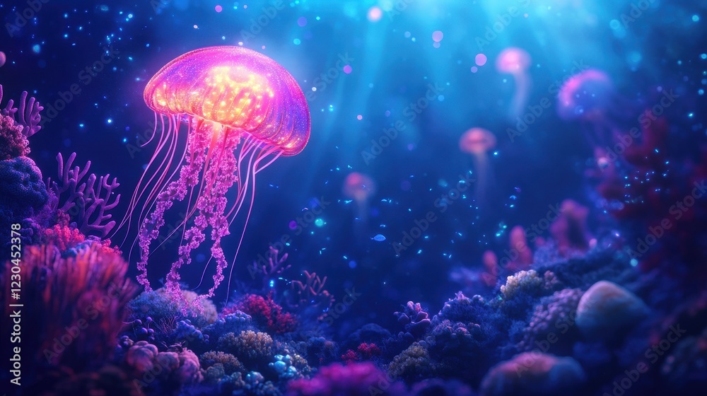 Luminous Jellyfish Illuminated In Vibrant Ocean Reef Luminous Jellyfish Illuminated In Vibrant Ocean Reef