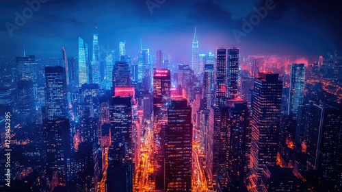 Neon city view of office buildings, business skyscrapers aimed at success, career advancement and financial profit. Big city. High quality photo