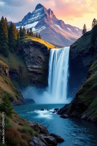 Majestic waterfall cascades down rocky mountain, dawn, water, landscape